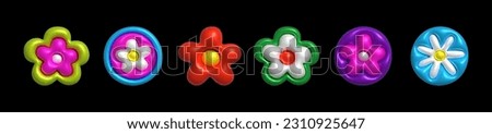 Inflatable flower set. Inflated 3D element with the plasticine effect. Vector illustration