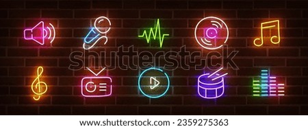 Music neon sign, bright signboard, light banner. Music logo neon, emblem. Vector illustration