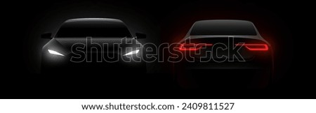 Front car silhouette with rear white lights on dark black background, wallpaper, banner template. Vector illustration