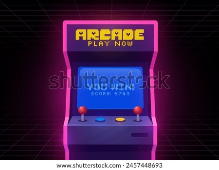 Arcade video game machine computer screen. Gamer interface template isolated graphic element. 80s or 90s games. Vector illustration