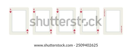 Playing cards frames. Set of hearts playing cards frames jack, queen, king, ace and joker in vector on isolated background 