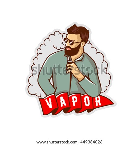 Vapor man. Man with vape and cloud. Electronic Cigarette. Vector. Stickers, logo, Emblem