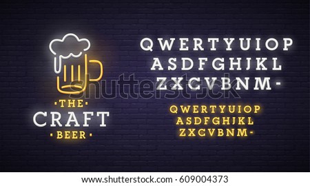 Beer neon sign, bright signboard, light banner. Beer logo, emblem. Neon sign creator. Neon text edit