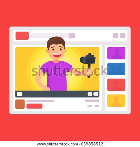 Cute manvideo bloggers. Blogger in interface web. Vector illustration in cartoon style