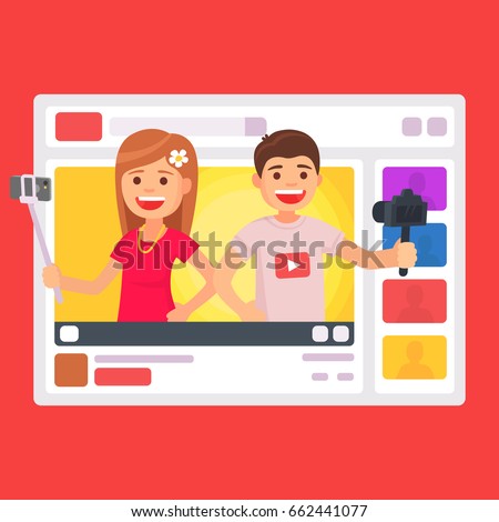 Cute man and girl video bloggers. Vector illustration in cartoon style