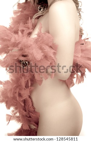 Body of a sexy woman, a model, semi nude, on profile view with red pua. Fashion post processing.