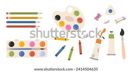 Set of painting tools in cartoon style. Hand drawn elements for creation and hobby: watercolor paints, brushes, pencils, palette, erasers, paint in tubes. 
Products for artists. Knowledge for all.