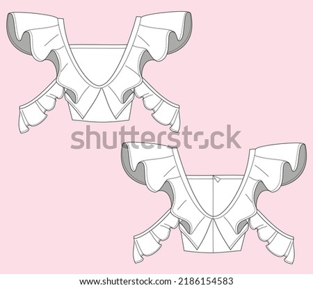 Crop Top Ruffle Sleeves Flat Sketch Fashion Template. Technical Fashion Illustration for Girl. Font and back view. Vector, adobe illustrator