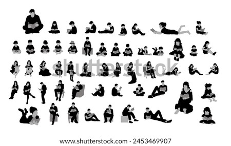 Set of people reading books silhouette, silhouettes of people with a book, people standing, sitting and lying reading book