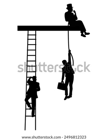 Concept of self-made individuals and those who rise through connections, own efforts vs assistance from networks and family, man climbing ladder and man being pulled up silhouette