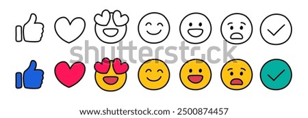 Like, love, emoji, social media reaction, collection of emoji reactions hand drawn