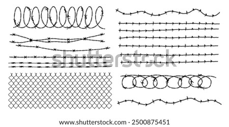 Barbwire isolated silhouette, Fence wire mesh barbed wire , barbed wire fence on the border