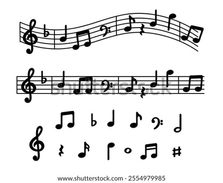 Music notes icon on wavy lines, music notes symbols