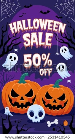 Halloween sale poster with 50% off, featuring pumpkins, ghosts, and spooky decorations.