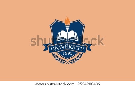 University emblem featuring an open book and torch.