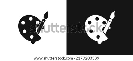 Painting palette flat icon for web. Paint brush sign web icon silhouette with invert color. Minimalist color palette black icon vector design. Paintbrush symbol cartoon clipart. Art design concept