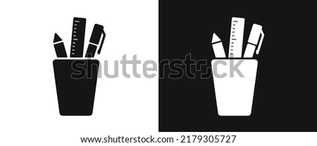 Pencil cup icon for web. Simple pen cup sign web icon silhouette with invert color. Cute cup of pen, pencil and ruler solid black icon vector design. Pen pot symbol cartoon clipart. School supplies