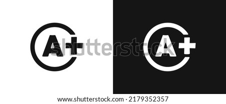 Grade result A+ icon for web. Simple grade result A plus in circle sign web icon silhouette with invert color. Excellent evaluation or rating solid black icon vector design. A+ logo symbol vector