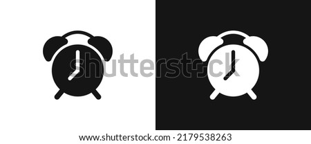 Alarm clock flat icon for web. Simple alarm clock sign web icon silhouette with invert color. Cute alarm clock with bells solid black icon vector. Alarm clock logo or icon for web, ui, app, mobile