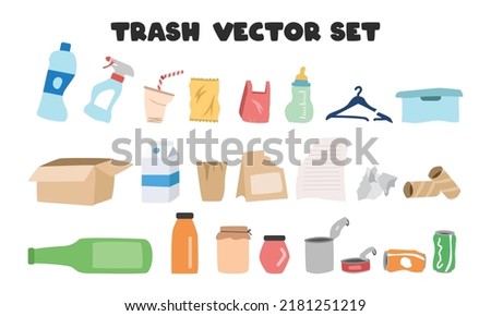 Set of different types of garbage clipart. Simple garbage or trash items vector design. Plastic bag, carboard box, toilet paper roll, tin cans cartoon vector. Gargbage sorting clipart doodle drawing