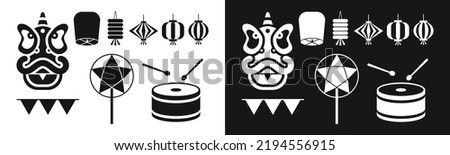 Set of Mid-Autumn Festival toys flat icon for web. Lion dance head, star lantern, drum and carnival garland sign web icon silhouette with invert color. Autumn festival toys solid black icon vector