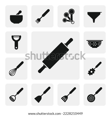 Wooden rolling pin flat web icon. Simple rolling pin sign web icon silhouette. Rolling pin solid black icon vector design. Rolling pin cartoon clipart. Kitchen utensils icon set. Cooking tools icons