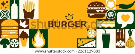 Healthy organic delicious hamburger food banner ads, flyer with symbols of ingredients and elements on geometric yellow background. Creative simple Bauhaus style with geometric shapes. Vector icons.