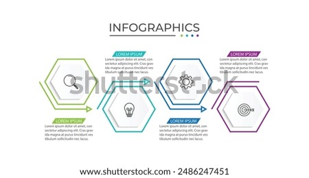 Business infographic design with 4 options. Vector thin line label with hexagons template.