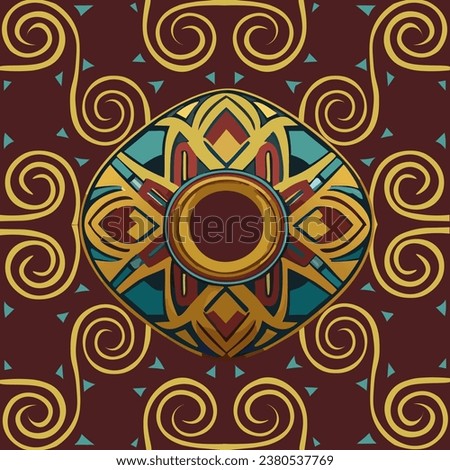 Egyptian-inspired seamless repeat pattern of scrolls and decorative objects.  It is gold, turquoise and dark red.  Use it for textiles, wallpaper,  wrapping paper, West Ham or Aston Villa fans.