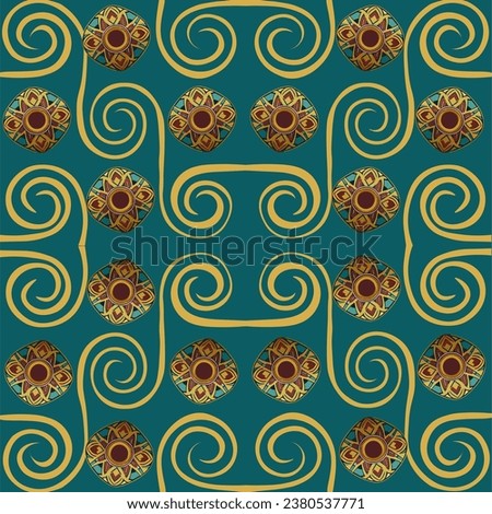 Egyptian-inspired seamless repeat pattern of scrolls and decorative objects.  It is gold, turquoise and dark red.  Use it for textiles, wallpaper,  wrapping paper, West Ham or Aston Villa fans.