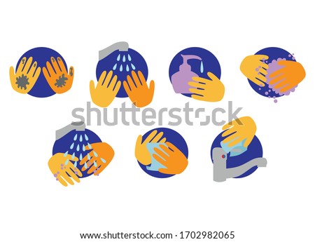 Cartoon vector poster with seven steps to Wash Your Hands the Right Way for stop germs from spreading using water, soap and a paper towel