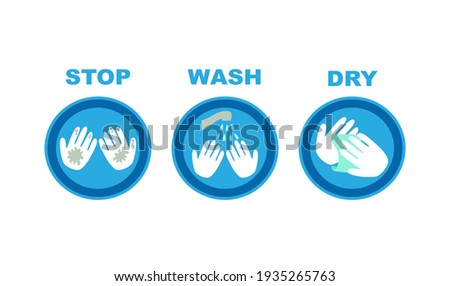 Cartoon vector poster with three steps to Wash Your Hands the Right Way for stop germs from spreading using water, soap and a paper towel