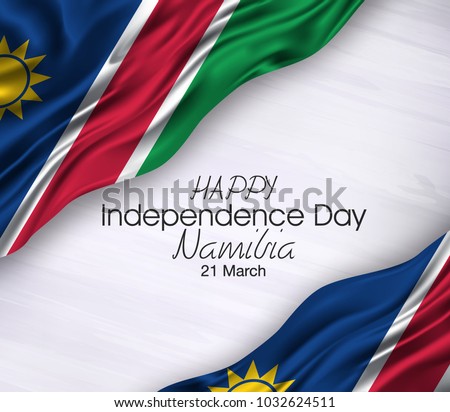 Vector illustration of Namibia Happy Independence Day 21 March. Waving flags isolated on gray background.