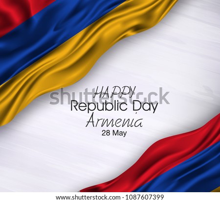 Vector illustration of Happy Armenia Republic Day 28 May. Waving flags isolated on gray background.