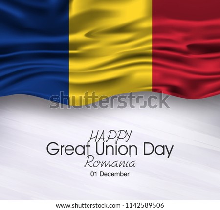 Vector illustration of Happy Romania Great Union Day 01 December. Waving flags isolated on gray background.