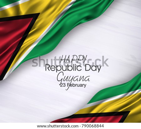 Vector illustration of Happ Guyana  Republic day 23 February. Waving flags isolated on gray background.