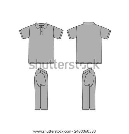 Blank Gray Short Sleeves Polo Shirt with One Pocket Template on White Background. Front and Back Views, Vector File.