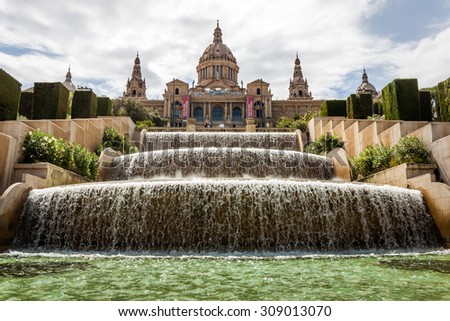 The National Art Museum of Catalonia, seen from sources. In Barcelona, Spain.