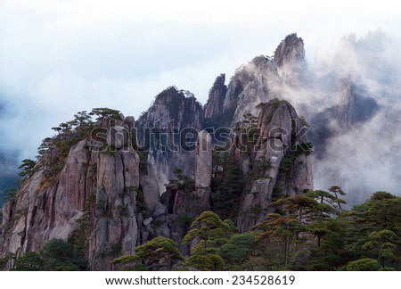 View of Huangshan from Cooling Terrace, Anhui, China. Of all the notable mountains in China, it is probably the most famous to be found in the south of Anhui province.