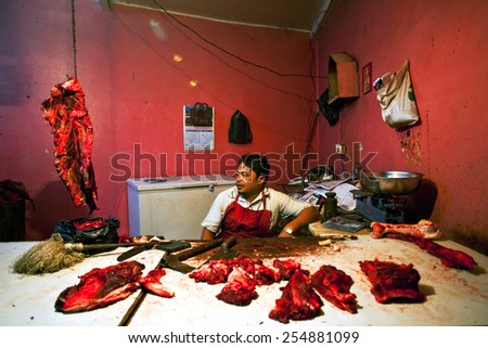 KATHMANDU, NEPAL - APRIL 2: Nepalese butcher poses for a photo in a butcher\'s shop on April 2, 2010 in Kathmandu, Nepal