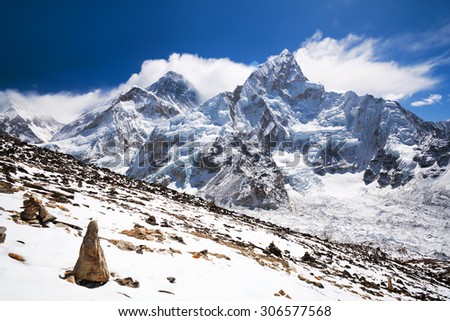 Everest Mount and Nuptse Mount view from Kala Patthar. Mountain landscape in Sagarmatha National Park in the Nepal Himalaya.