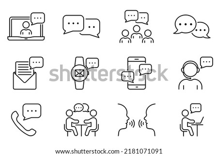 Online Text Message in Chat, Interview Talk Line Icon Set. Community People Talk on Video Conference Outline Icon. Person Communication Linear Pictogram. Editable Stroke. Isolated Vector Illustration.