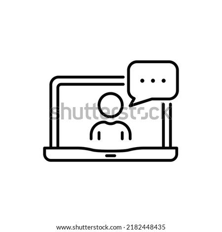 Video Conference on Laptop Line Icon. Online Web Business Chat on Computer Linear Pictogram. Virtual Communication Meeting Work from Home Outline Icon. Editable Stroke. Isolated Vector Illustration.