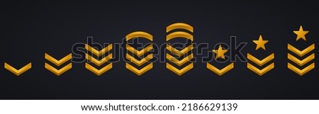 Military Insignia Soldier Sergeant, General, Major, Officer, Lieutenant, Colonel Patch Emblem. Chevron Stripes Badge Gold Symbol. Army Rank Golden Logo. Isolated Vector Illustration.