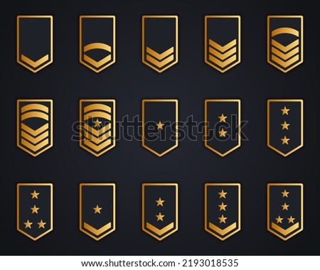 Military Insignia Soldier Icon Set. Chevron Stripes Badge Gold Logo. Sergeant, General, Major, Officer, Lieutenant, Colonel Patch . Golden Army Rank on Dark Background. Isolated Vector Illustration.