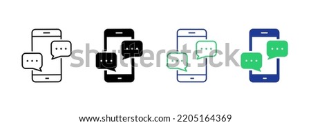 Text Message on Mobile Phone Silhouette and Line Icon. Smart Phone Mail Online Chat Speech Bubble Pictogram. Smartphone Screen SMS Notification Icon. Editable Stroke. Isolated Vector Illustration.