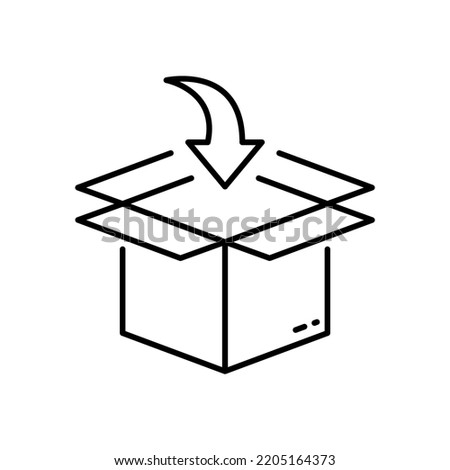 Put in Carton Parcel Box Delivery Service Line Icon. Packing Cardboard Pointing Arrow Inside Linear Pictogram. Distribution Container Outline Icon. Editable Stroke. Isolated Vector Illustration.