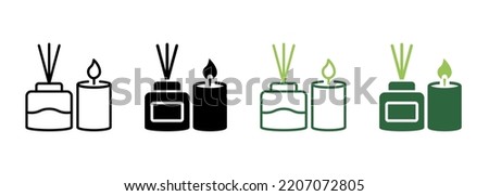 Scented Candle and Reed Diffuser Oil Silhouette and Line Icon. Aromatherapy Pictogram. Aroma Therapy Stick and Fragrance Candle in Glass Icon. Editable Stroke. Isolated Vector Illustration.