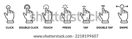 Computer Mouse Pointer Finger Line Icon Set. Cursor Hand Linear Pictogram. Click Press Double Tap Touch Swipe Point Gesture Black Outline Symbol. Editable Stroke. Isolated Vector Illustration.