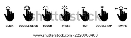 Cursor Hand Computer Mouse Silhouette Icon. Pointer Finger Black Glyph Pictogram Set. Click Press Double Tap Touch Swipe Point Gesture on Cyberspace Website Sign. Isolated Vector Illustration.